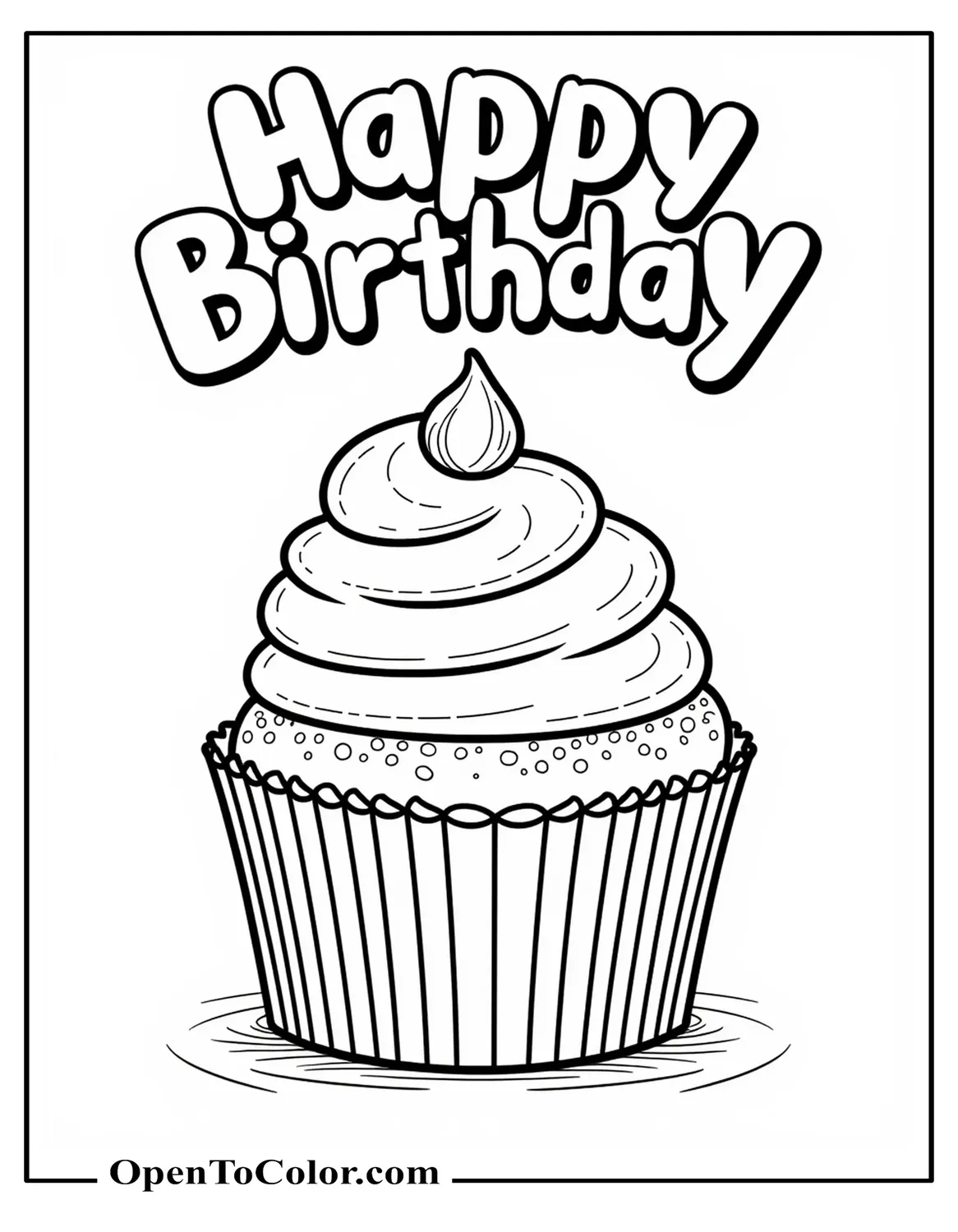 Square coloring page card with cupcake and curved bubble letters Happy Birthday PDF!