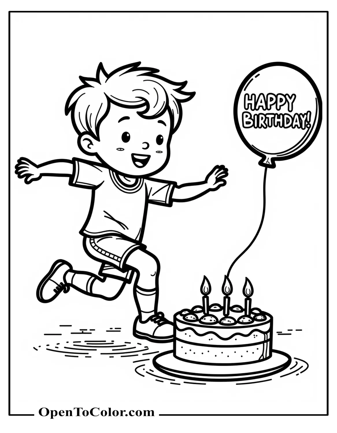 Free Coloring Page: Boy Running Toward Cake, Party Balloon Saying Happy Birthday!
