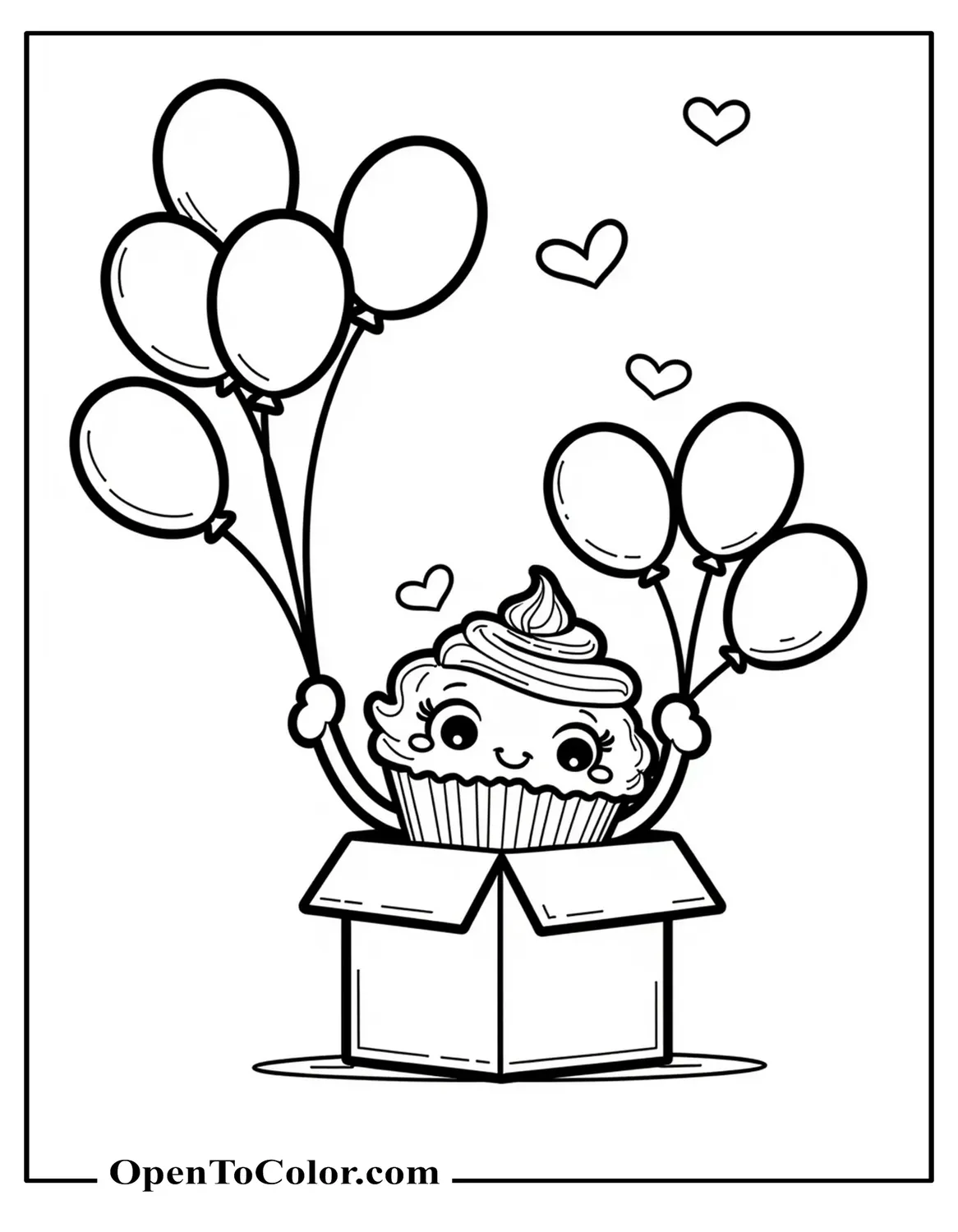 Cute cartoon cupcake popping from gift box tossing balloons in the air coloring sheet PDF