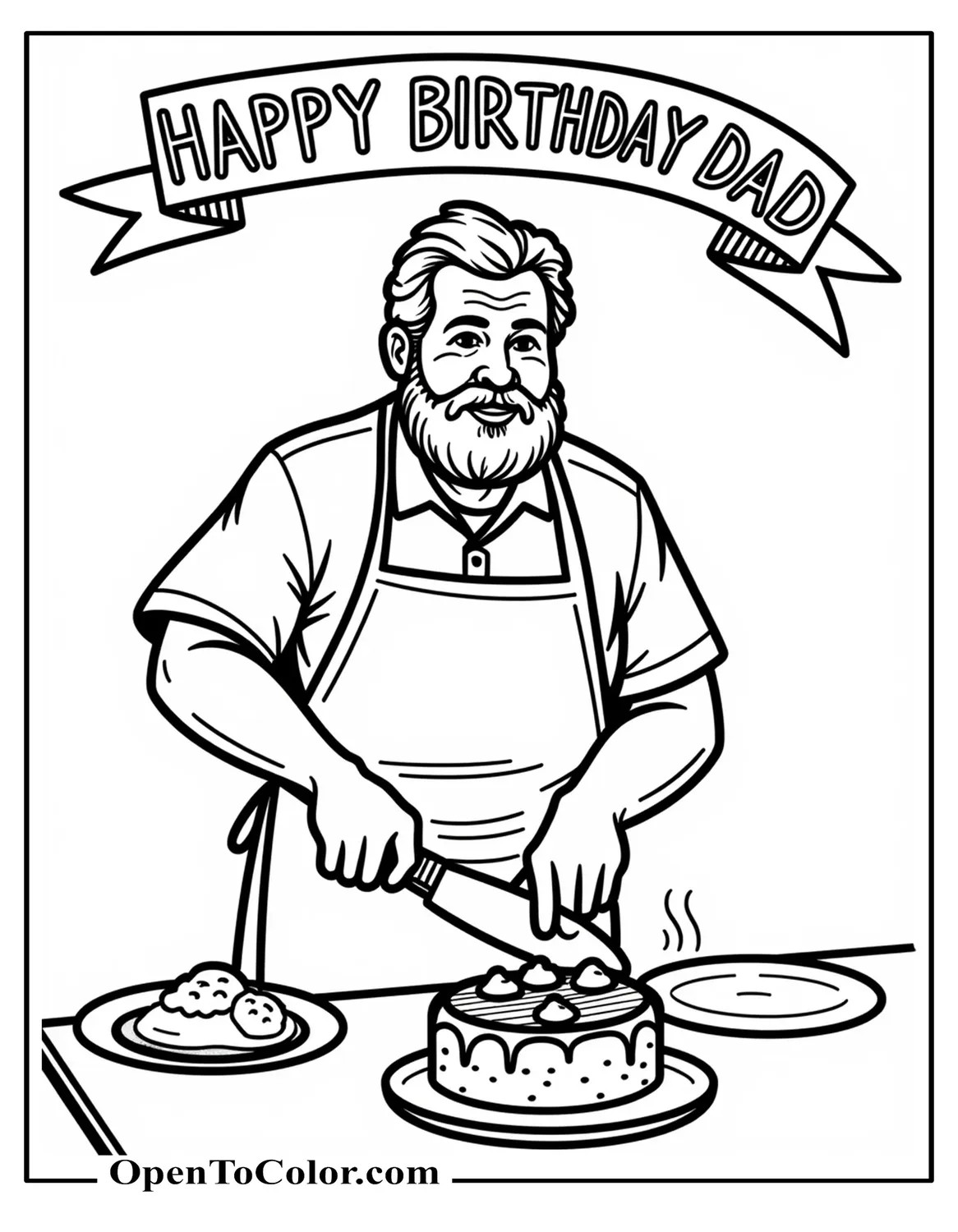 Dad wearing barbecue apron slicing cake, banner reading Happy Birthday Dad in bubble letters, coloring sheet PDF