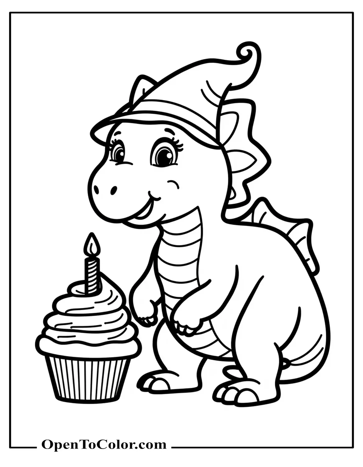 Cartoon Triceratops Wearing Hat Blowing Candle On Cupcake Coloring Page Printable