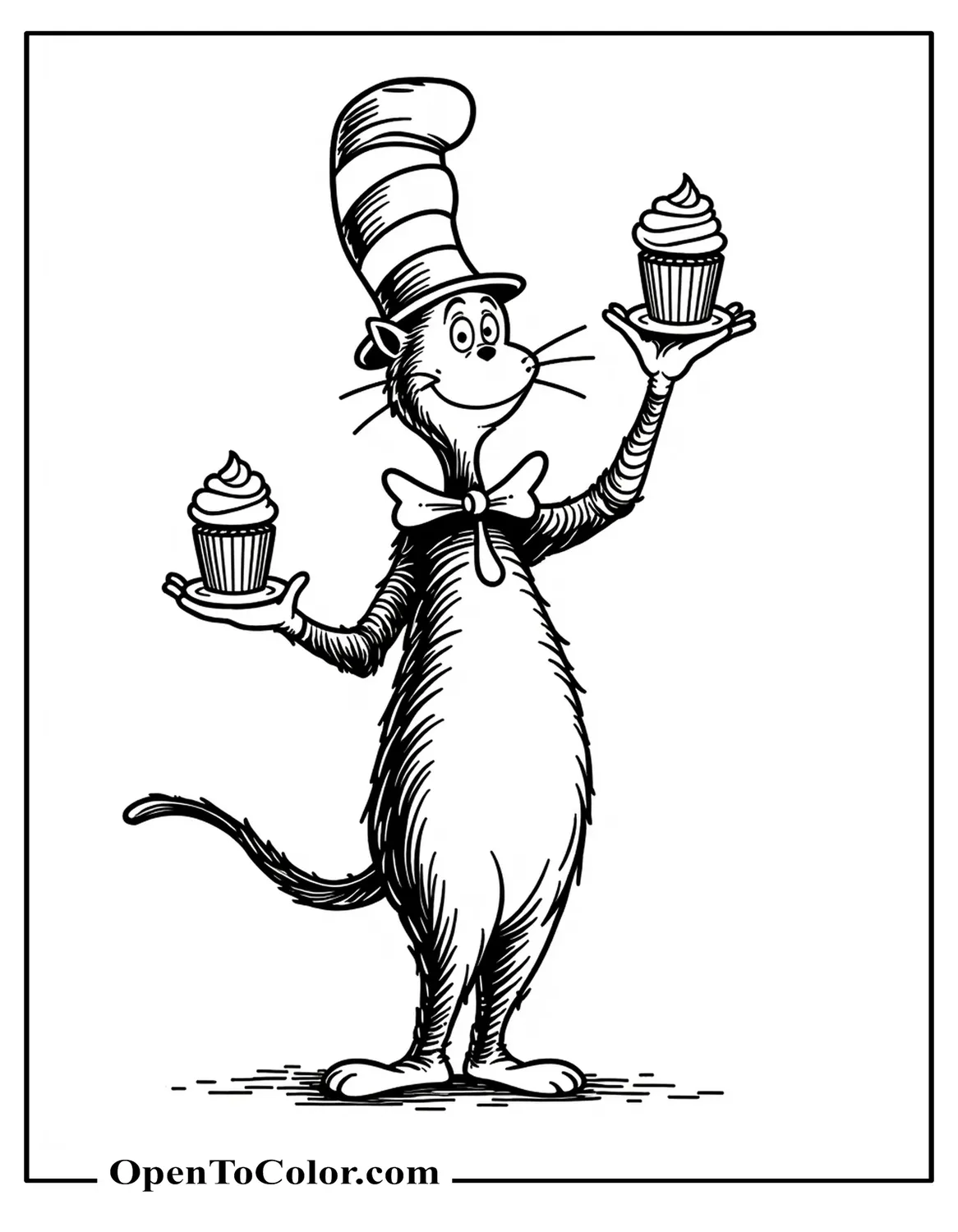 Whimsical Cat in Tall Striped Hat Balancing Cupcakes, Dr Seuss Style Coloring Page PDF