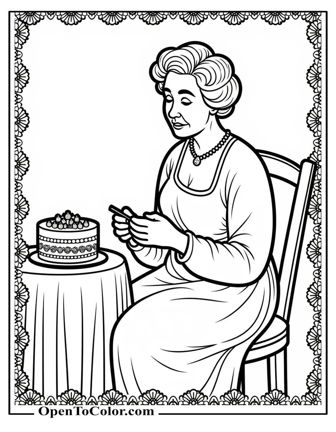 Grandma Knitting Beside Small Cake On Side Table, Floral Border, Coloring Page PDF