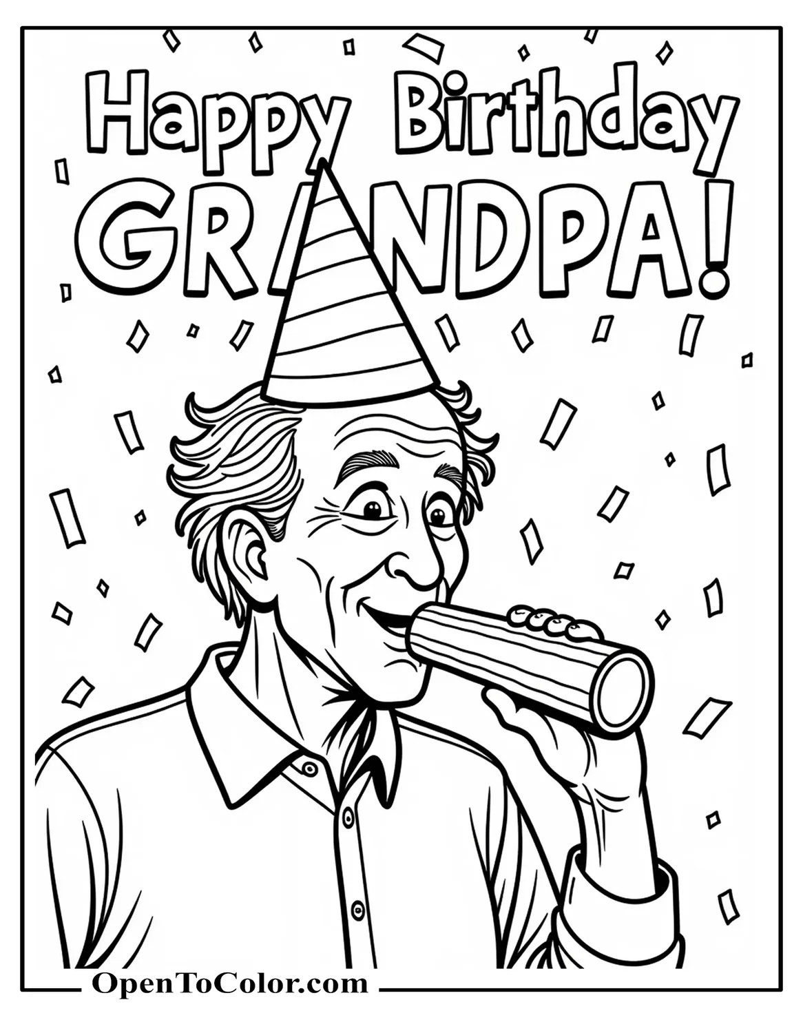Free Coloring Sheet of Grandpa Wearing Party Hat Blowing Noisemaker, Streamer Backdrop, Bubble Letters Happy Birthday Grandpa