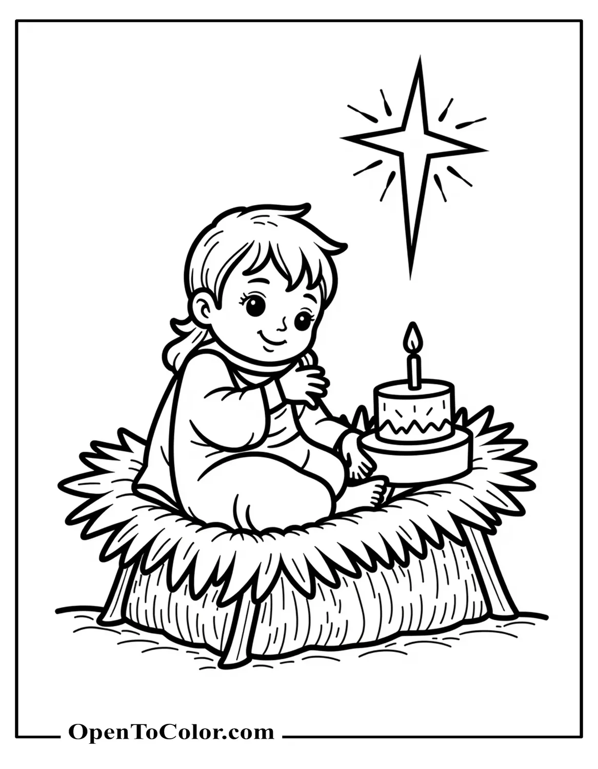 Printable Coloring Page of Baby Jesus in Manger with Tiny Birthday Cake on Hay Bale, Radiant Star Above