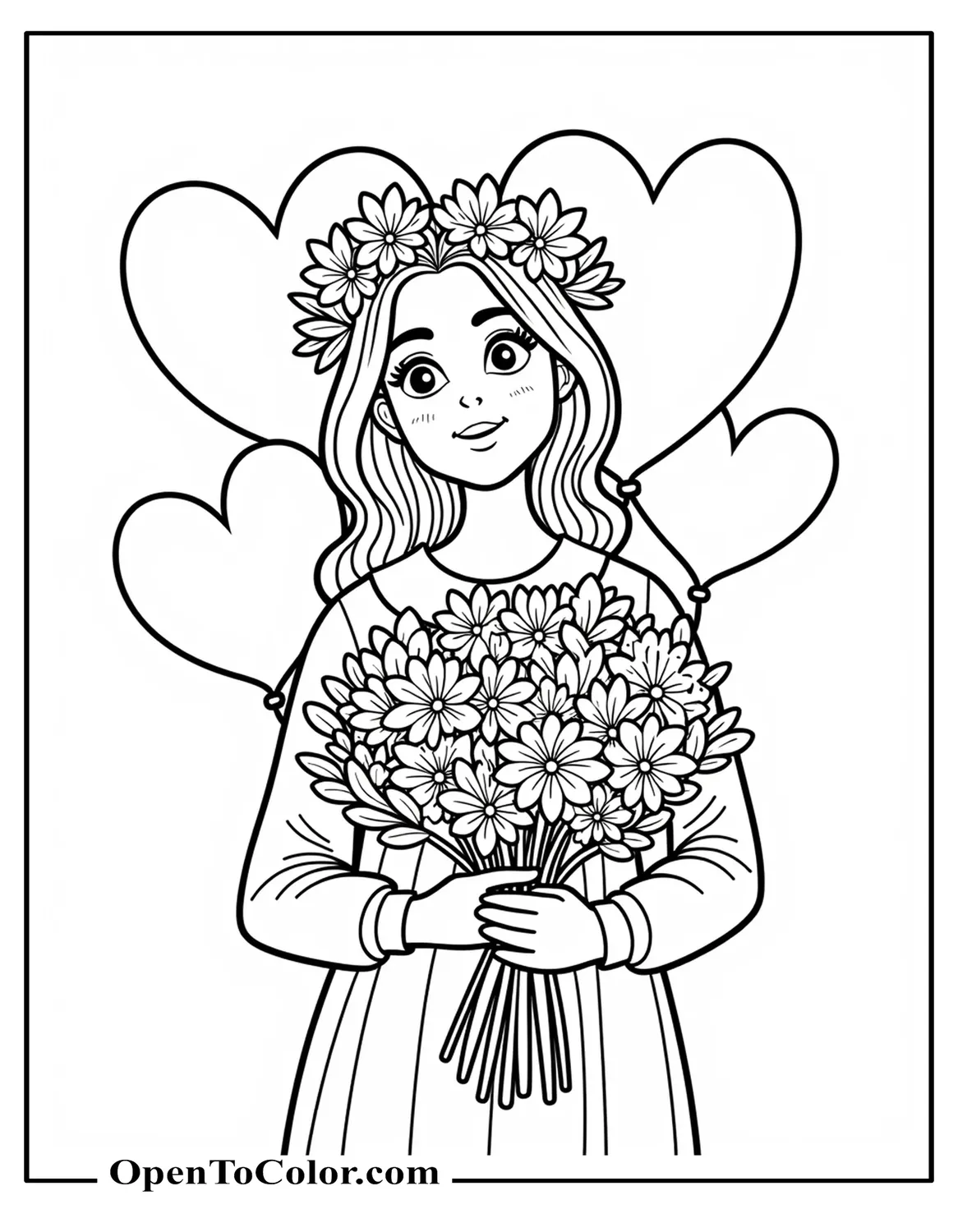Free Coloring Sheet of Mom Wearing Flower Crown Hugging Bouquet with Heart-Shaped Balloons Around