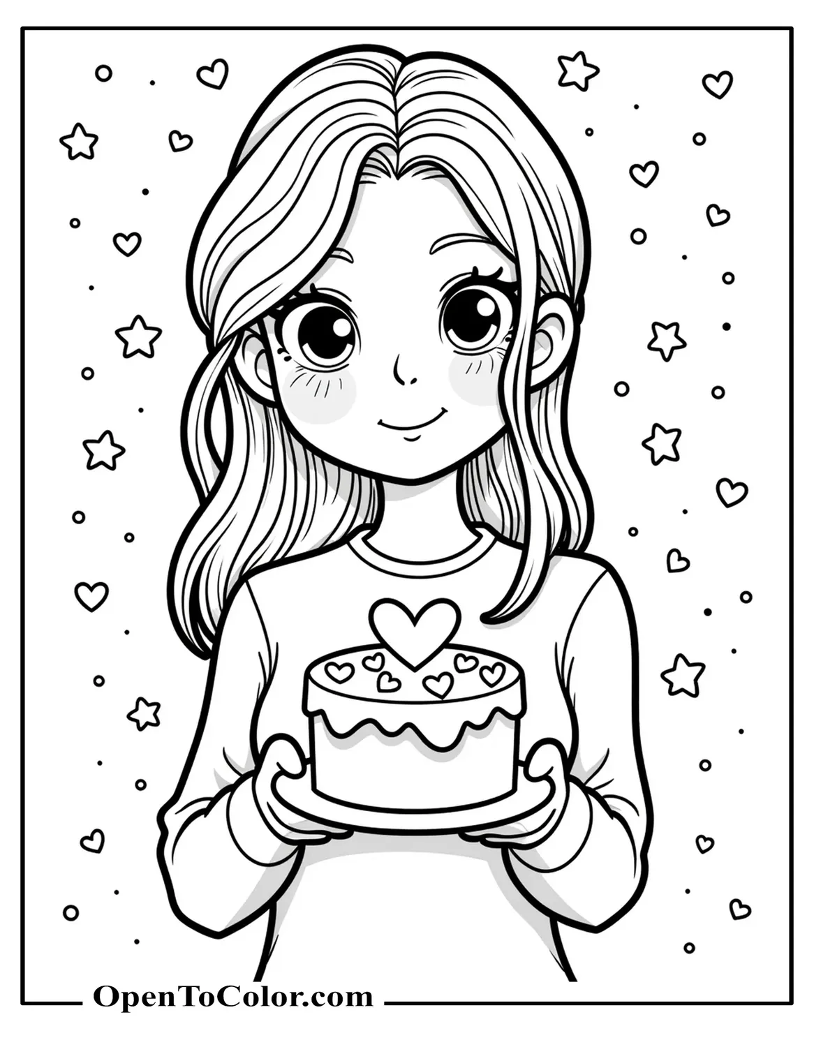 Printable coloring sheet of Mommy holding heart cake, star confetti behind.