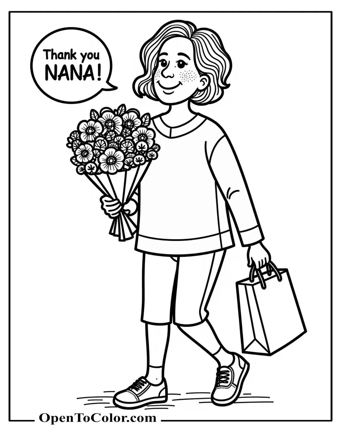 Nana carrying bouquet and gift bag, bubble letters thank you Nana, coloring page, printable.
