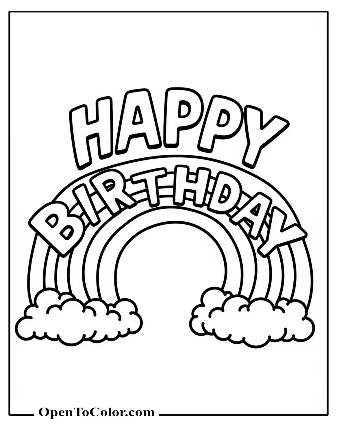 Rainbow Forming Words Happy Birthday In Bold Letters Coloring Sheet PDF