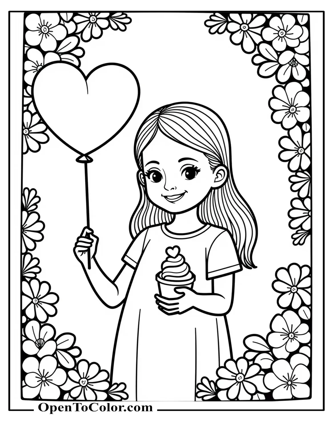 Free Coloring Sheet: Sister Holding Heart Balloon and Cupcake, Floral Border