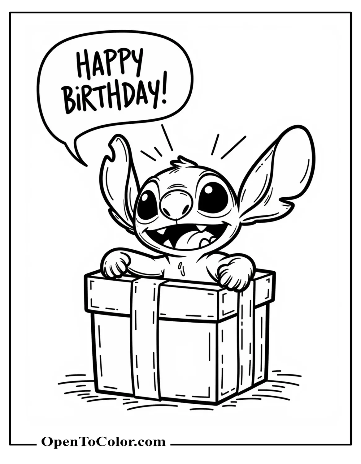 Free Coloring Sheet of Stitch Popping Out of Gift Box Shouting “Happy Birthday”