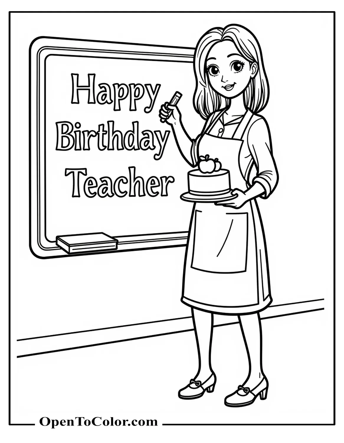 Teacher at chalkboard holding apple cake, coloring sheet, printable, banner reading Happy Birthday Teacher