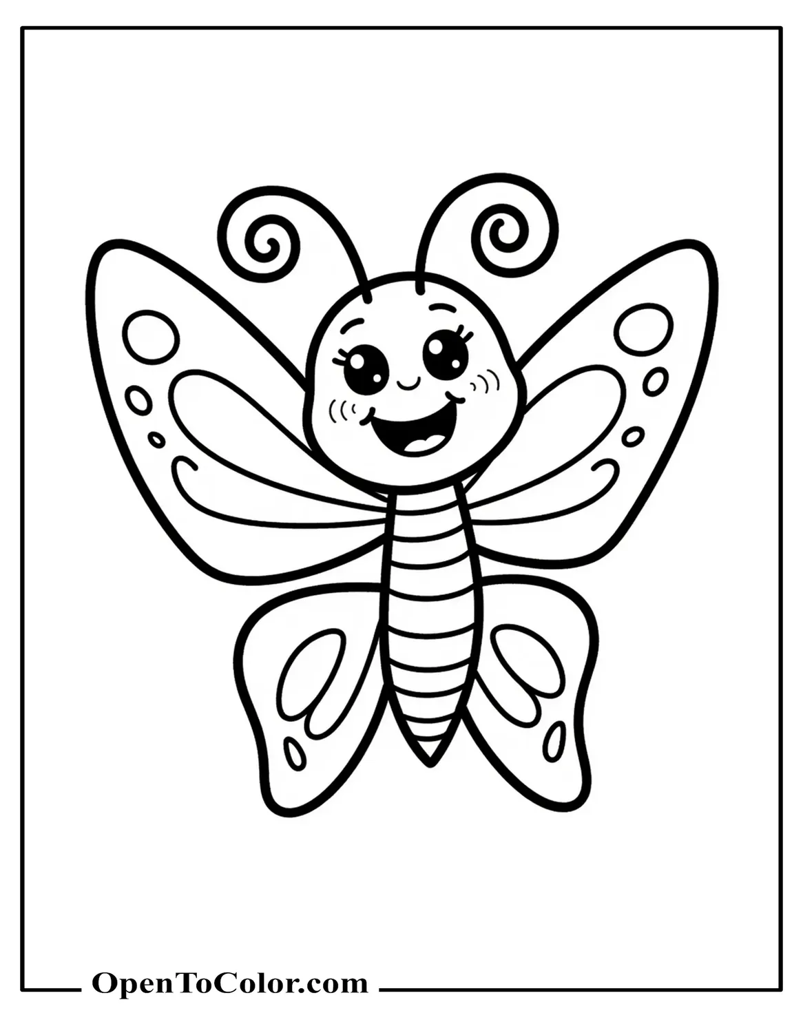 Happy Butterfly Laughing, Antennae Forming Playful Curls, Coloring Page PDF