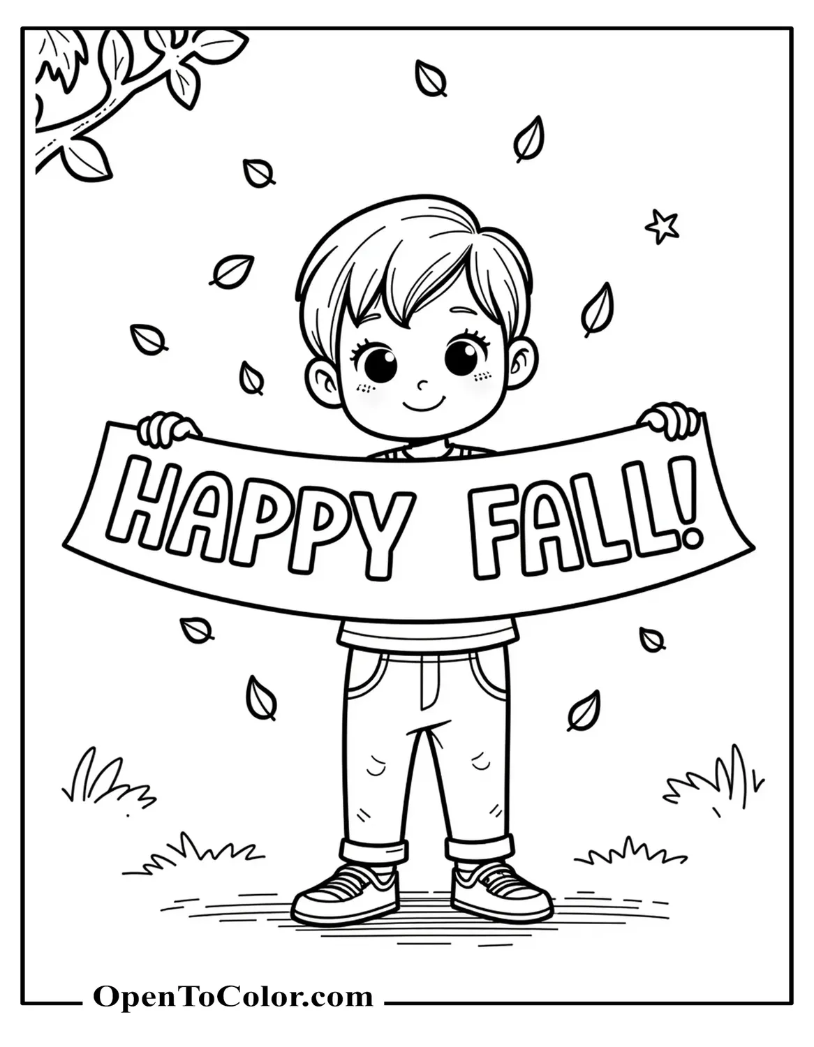 Free Coloring Sheet: Child Holding a Banner in Bubble Letters “Happy Fall!” Amid a Gentle Leaf Shower