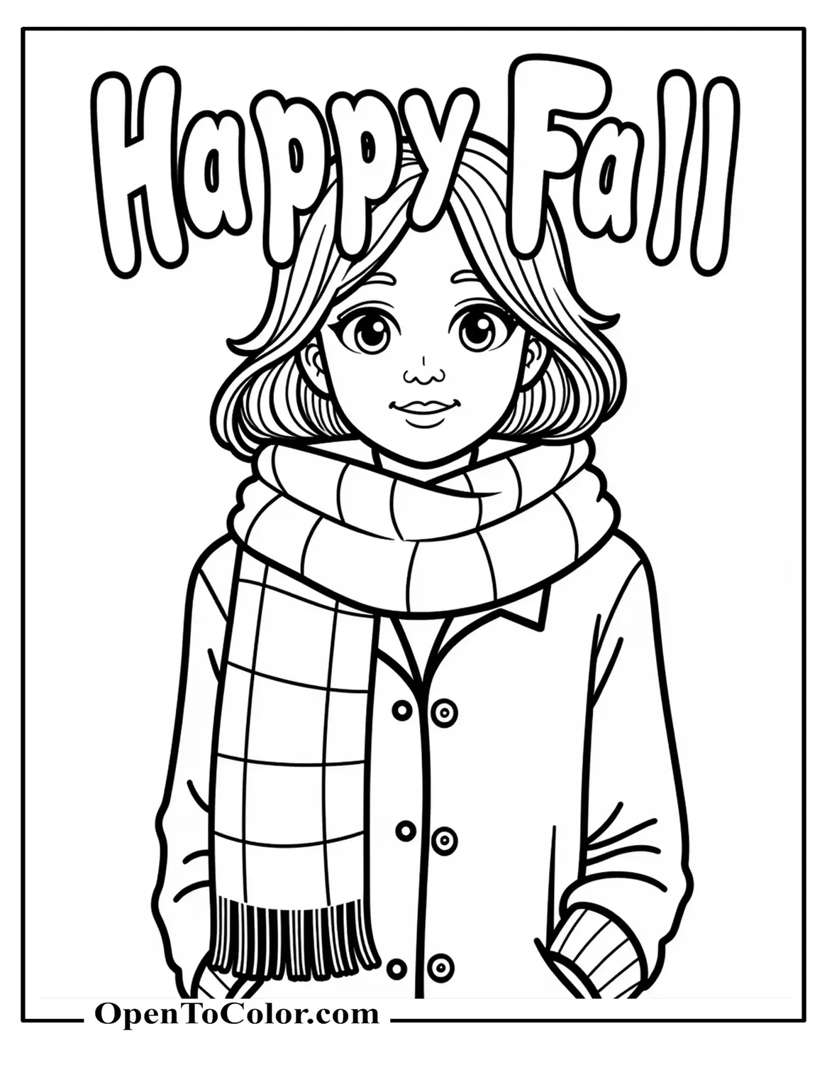 Free coloring sheet with big letters saying "Happy Fall" with a cute girl wearing a scarf in the background.