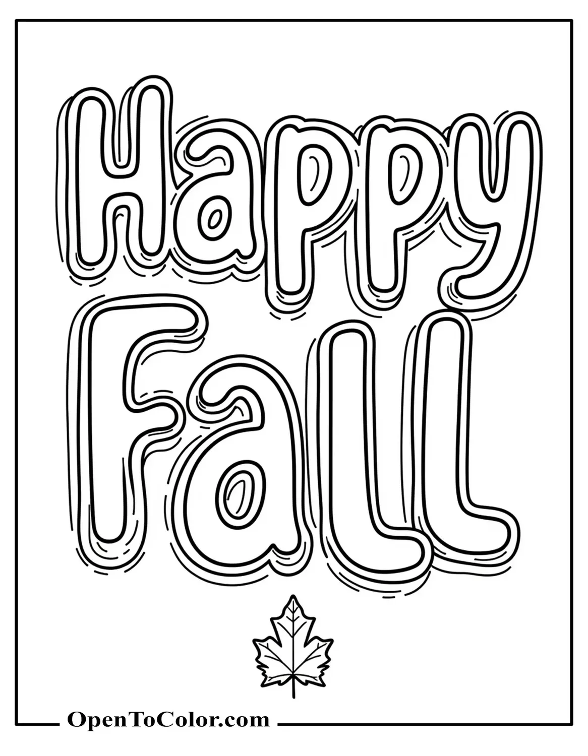 Printable Coloring Page: Bubble Letters “Happy Fall” with a Small Maple Leaf