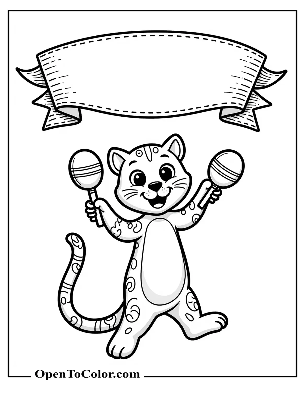 Printable Coloring Page of a Happy Cartoon Jaguar Dancing With Maracas Beneath a Festive Banner