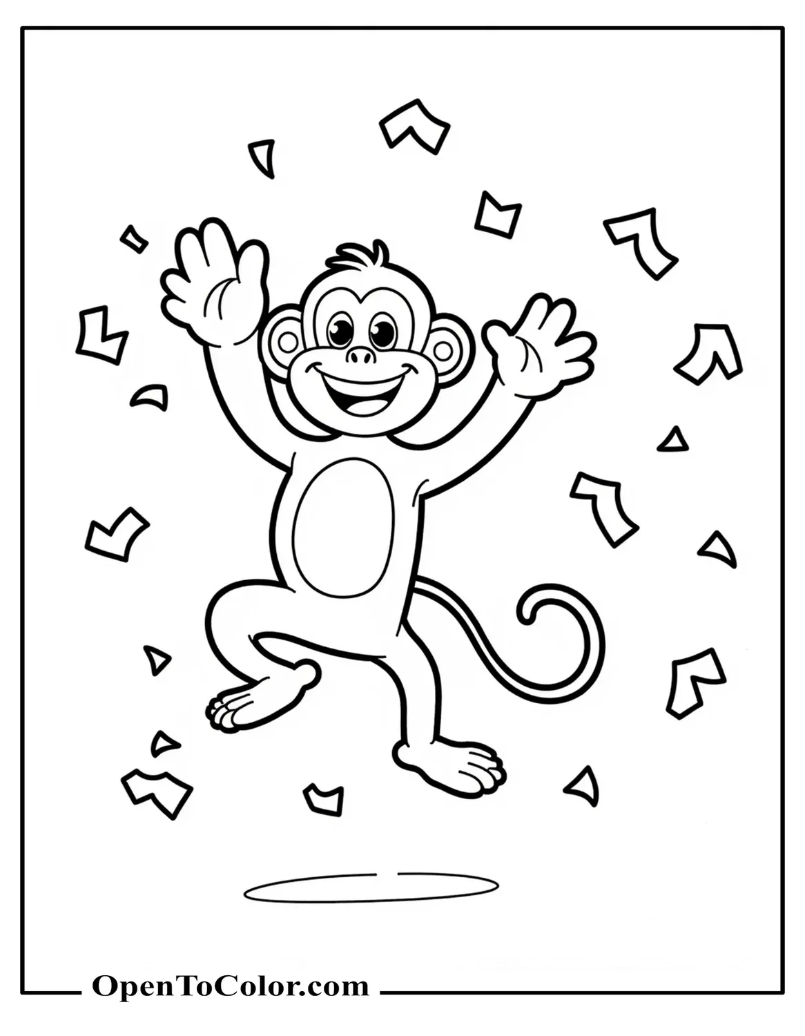 Printable Coloring Sheet of a Happy Monkey Jumping With Confetti Floating Around
