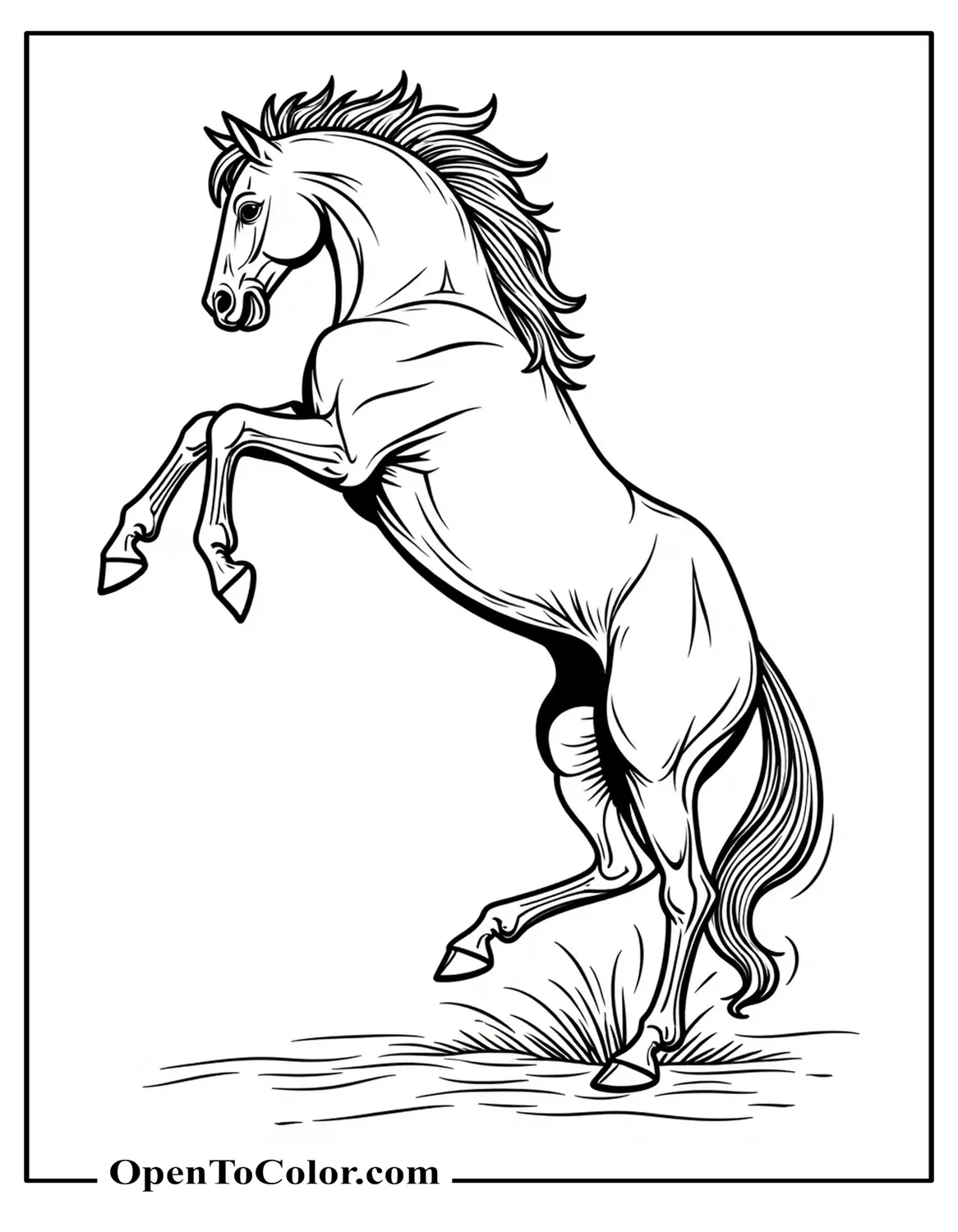 Complex Bucking Horse Coloring Page Twisting Mid-Air, Printable Muscle Detail