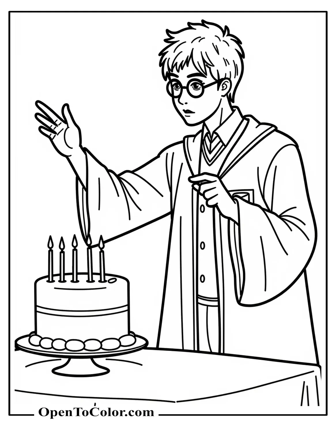 Harry Potter coloring sheet casting spell to levitate a printable birthday cake with candles