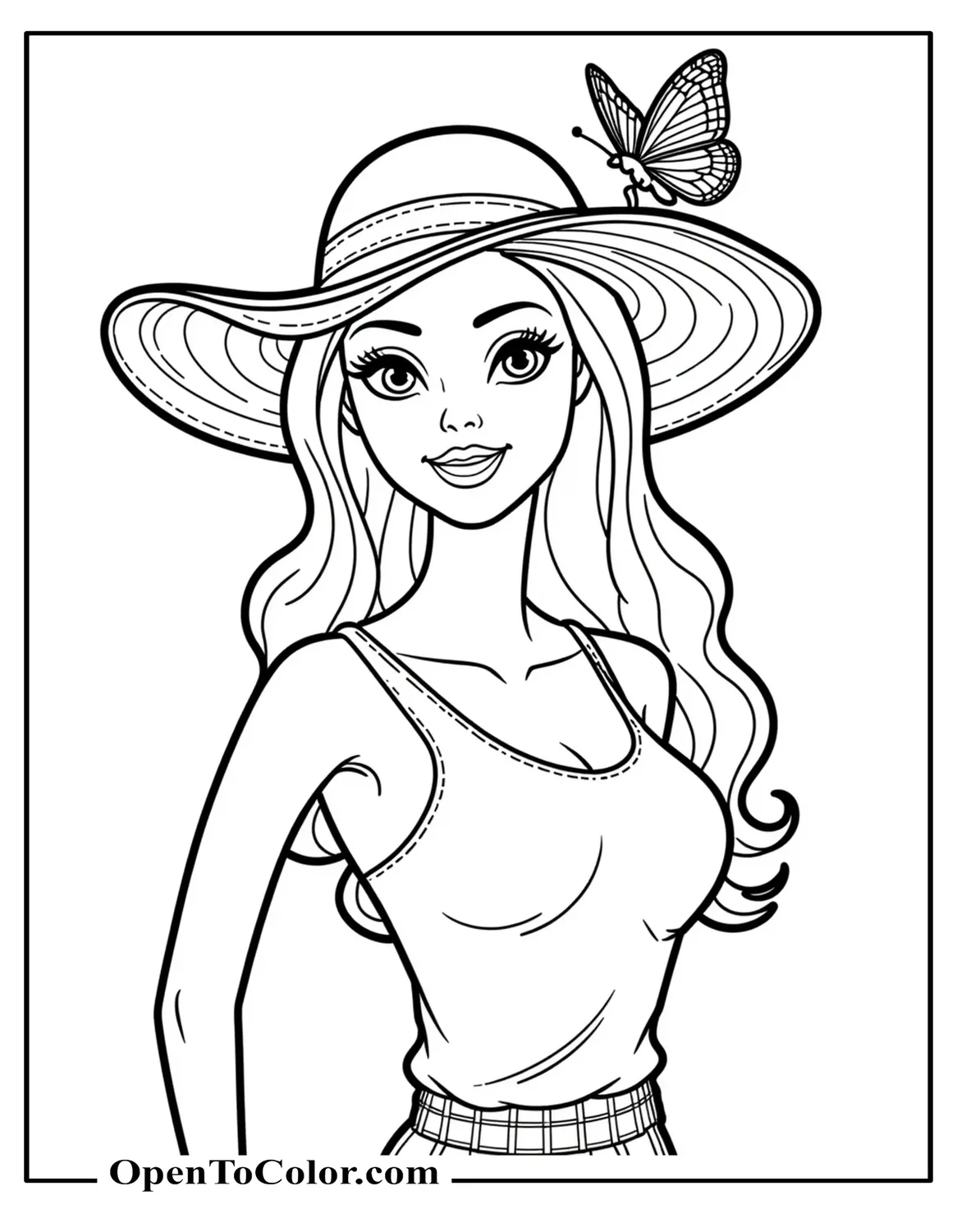 Barbie wearing a summer hat, butterfly landing on the hat, coloring sheet PDF.