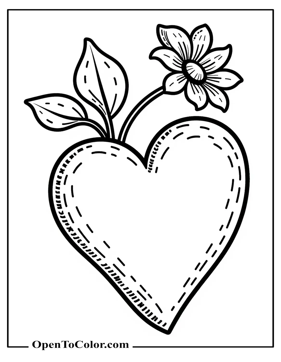 Free Coloring Page of a Vintage Heart With a Flower Growing Out of It