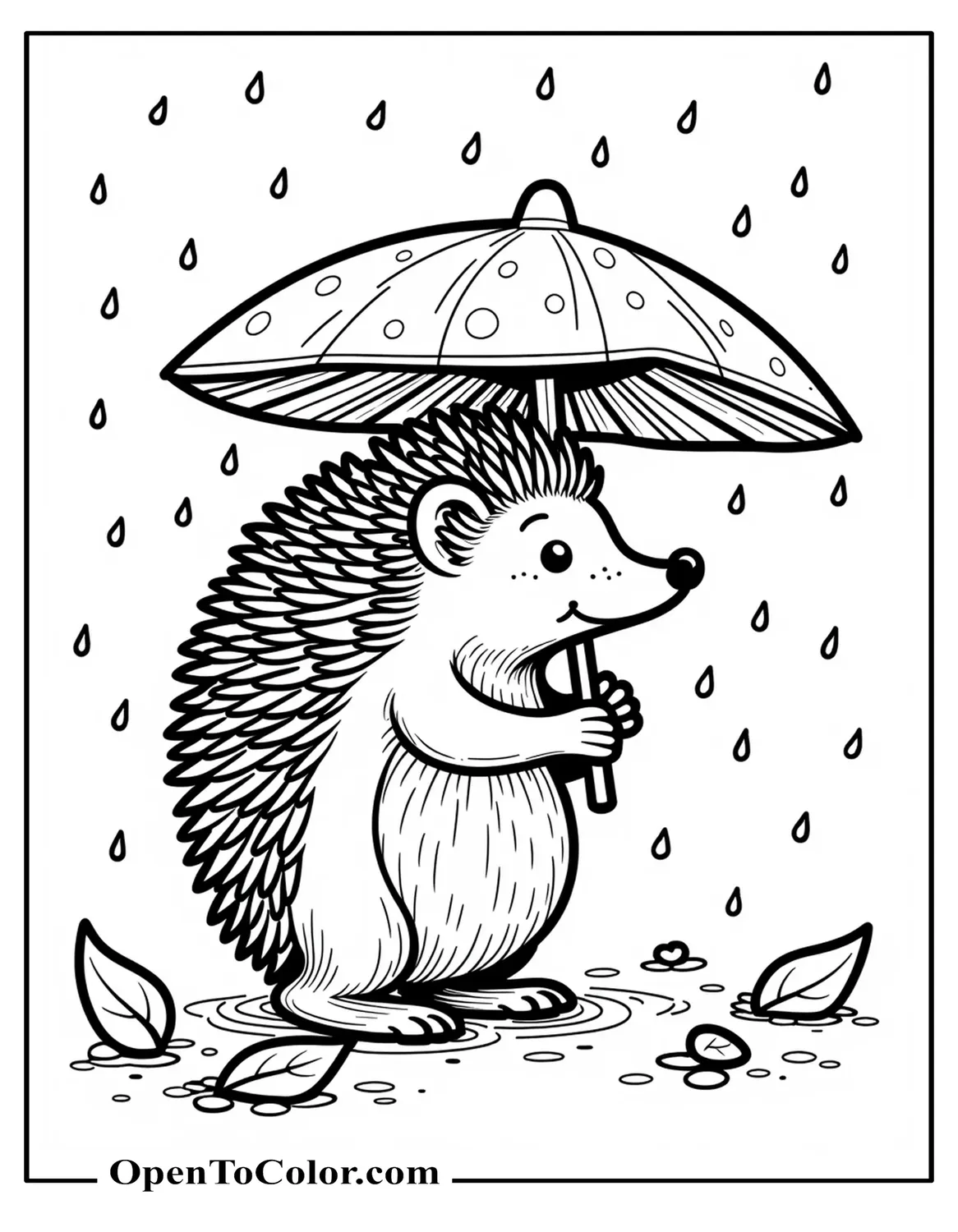 Hedgehog Carrying A Mushroom Umbrella Through A Gentle Leaf Shower Coloring Sheet PDF