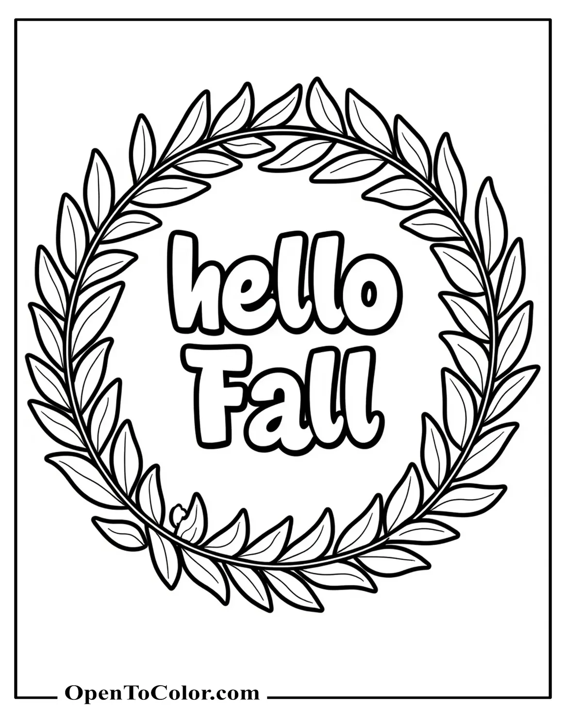 Coloring Page PDF: Wreath of Leaves Encircling Bubble Letters “Hello Fall” in the Center
