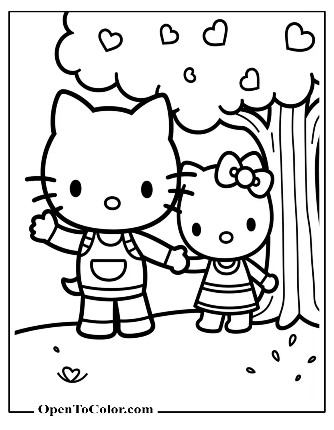 Hello Kitty and Dear Daniel Coloring Page Printable Under a Tree Holding Hands