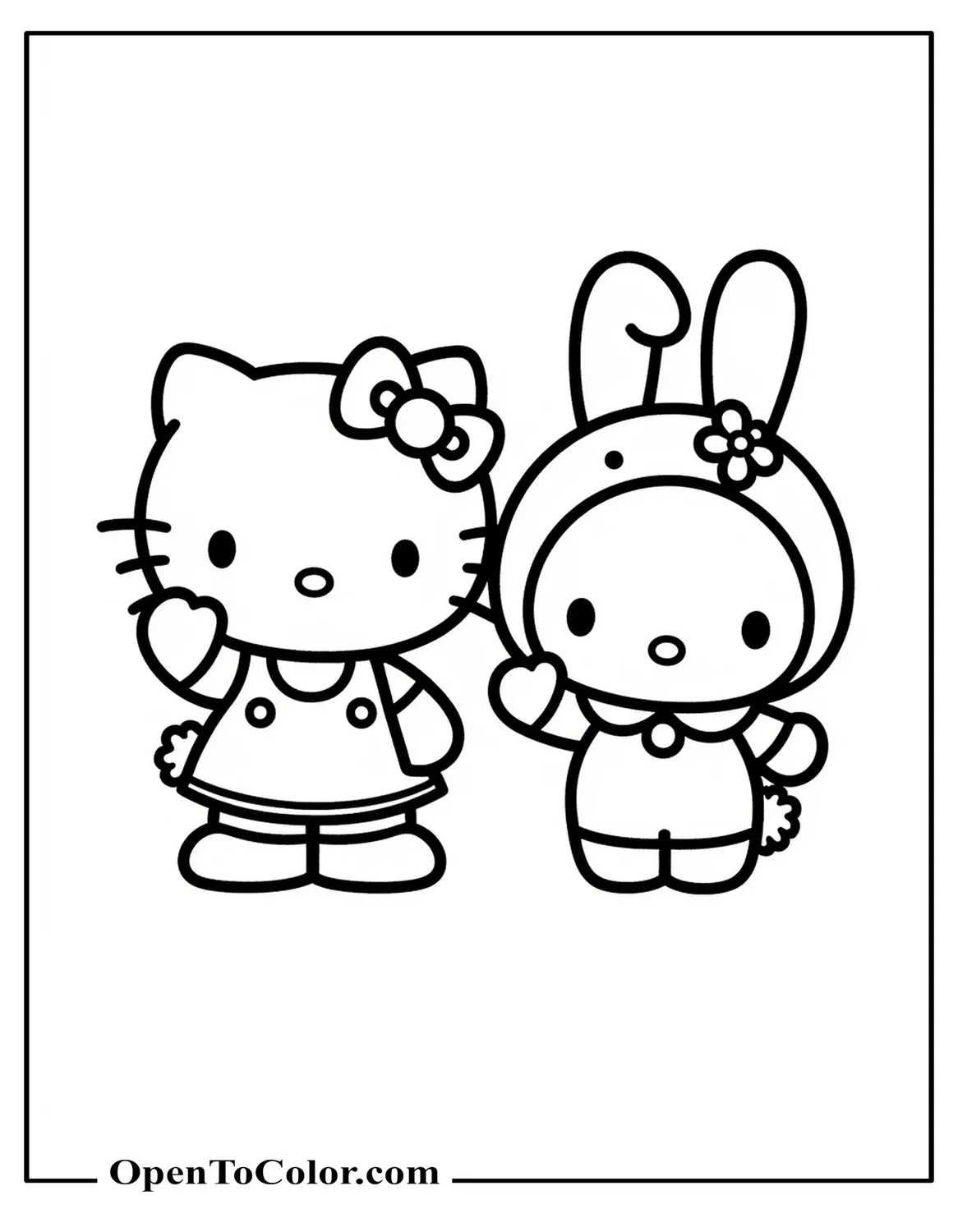 Hello Kitty And My Melody Waving Side By Side, My Melody Is A Small White Bunny With A Big Round Face And Long Floppy Ears Wearing A Pink Hood With A Flower On One Side, Printable Coloring Sheet