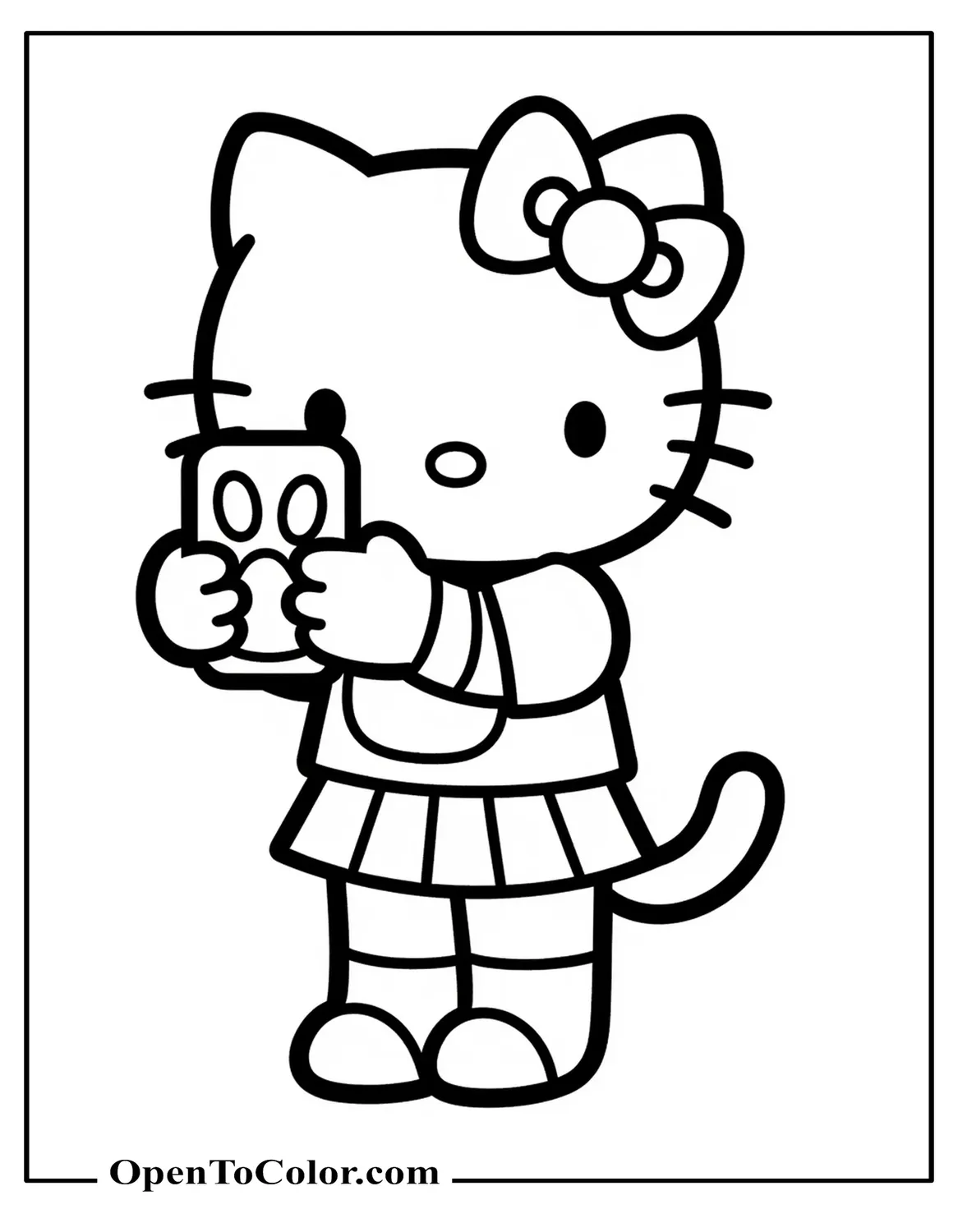 Hello Kitty holding smartphone with paw-print case, taking selfie, social media style, coloring page PDF.