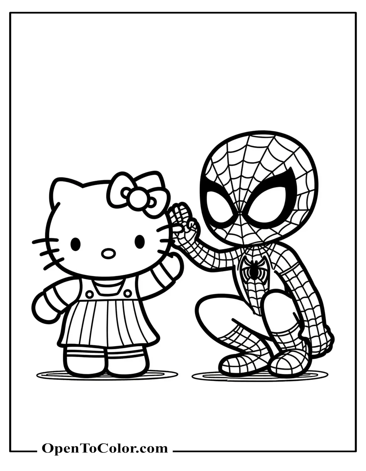 Realistic Hello Kitty and crouching Spiderman giving high five coloring sheet, printable
