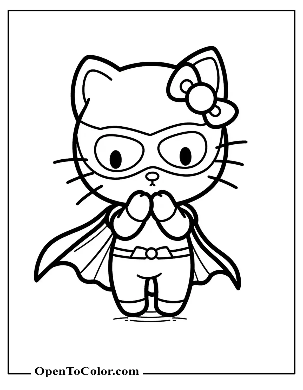 Hello Kitty In Superhero Mask And Cape Blowing Playful Kiss, Comic Style Coloring Page PDF