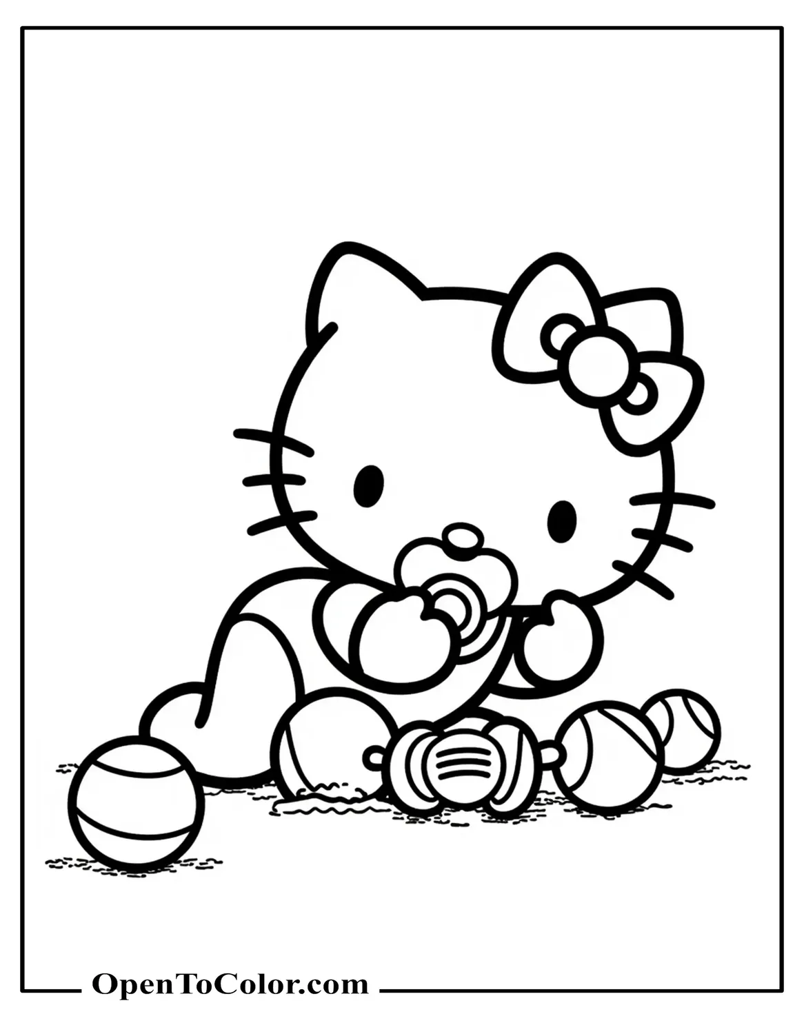 Free Baby Hello Kitty Crawling With Pacifier And Rattles, Soft Pastel Nursery Style Coloring Sheet