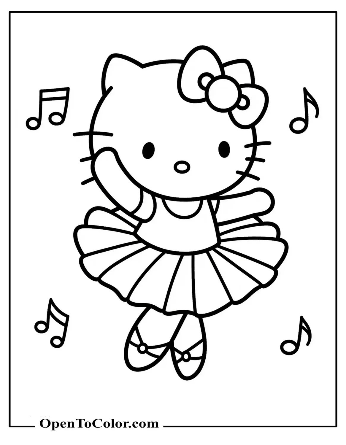 Free Hello Kitty Coloring Page In Tutu Mid-Dance With Music Notes And Pointe Shoes