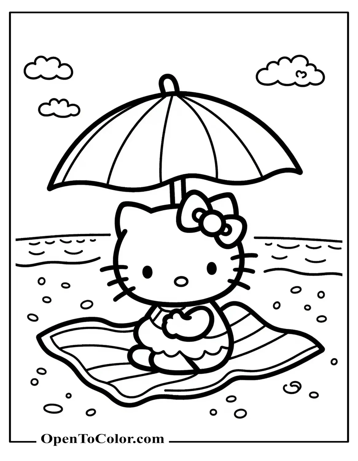 Hello Kitty sitting under umbrella on beach towel in a beach, coloring sheet PDF.