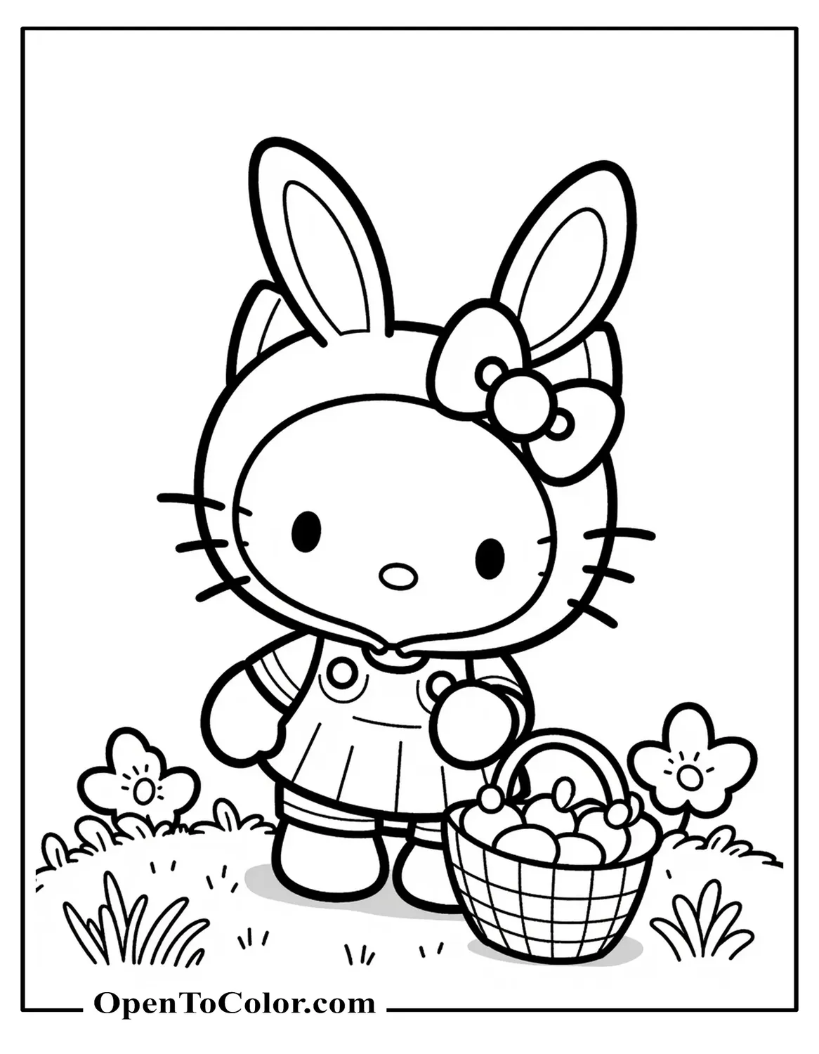 Hello Kitty wearing floppy bunny ears and holding carrot basket, springtime meadow, coloring page PDF.