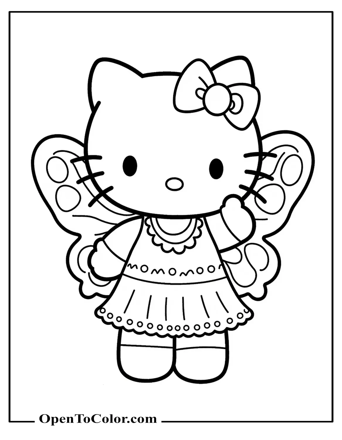 Hello Kitty Chasing Butterflies With Net, Grassy Field Under Sunshine, Coloring Sheet PDF