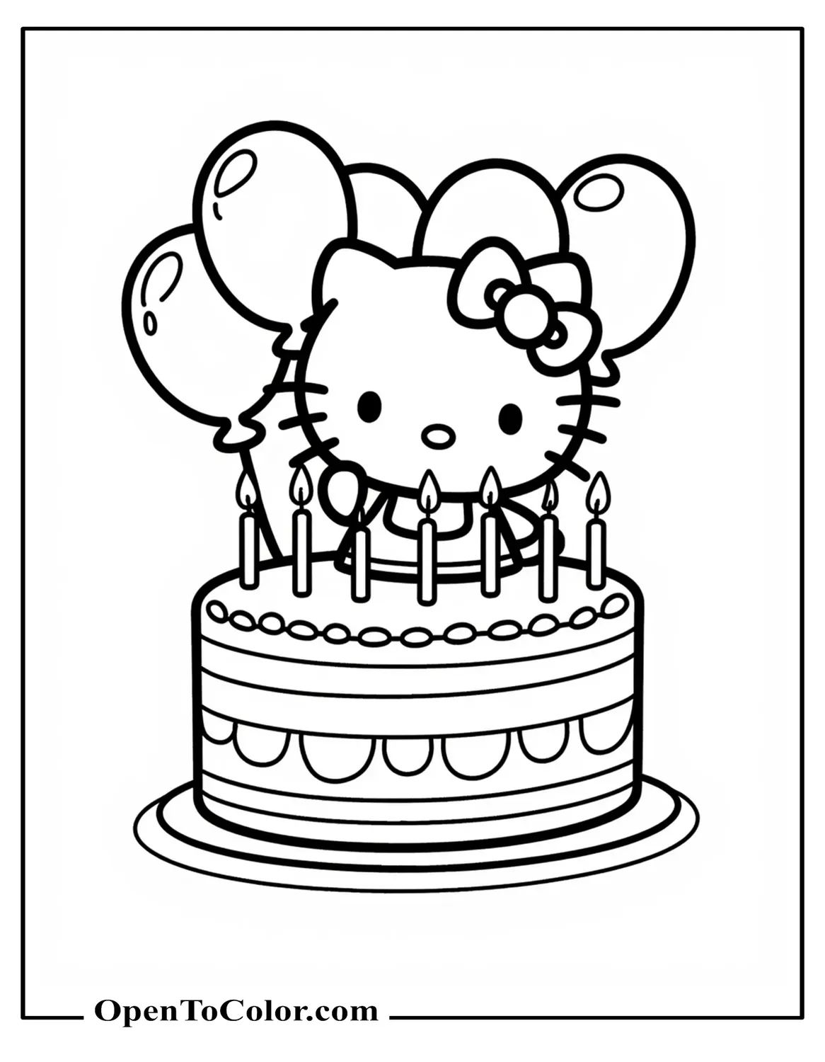 Free Coloring Sheet: Hello Kitty Popping Out of Layered Birthday Cake with Candles, Party Balloons Behind