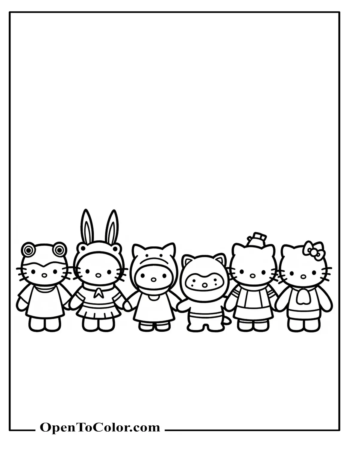 Printable coloring page of six Hello Kitty figures wearing frog hat, bunny hood, bat hoodie, penguin scarf, puppy ears, star beret, standing in a row holding hands.