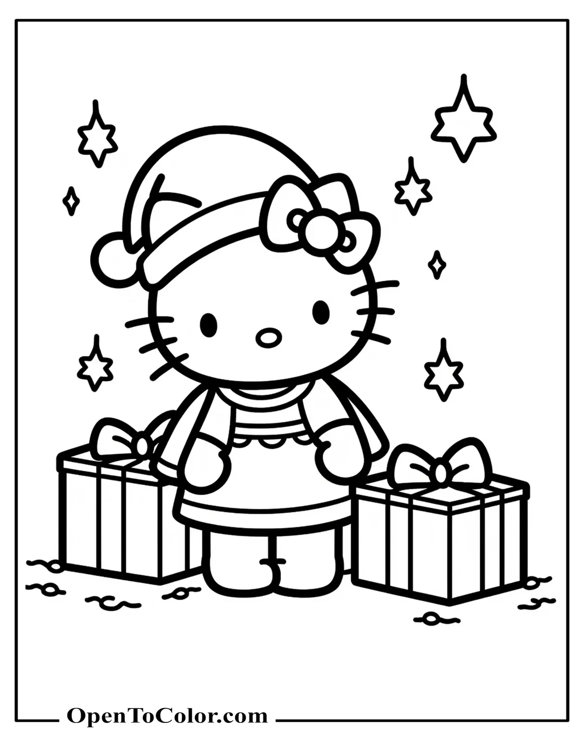 Hello Kitty Wearing A Santa Hat Beside Wrapped Gifts Coloring Page Printable