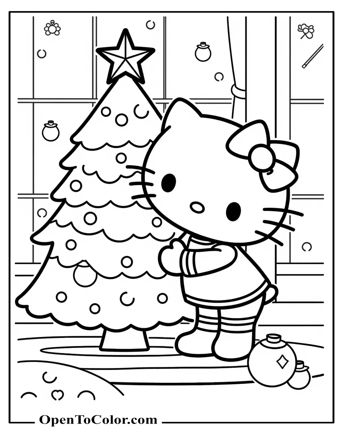 Hello Kitty placing star topper on Christmas tree, ornament-filled room, printable coloring sheet.