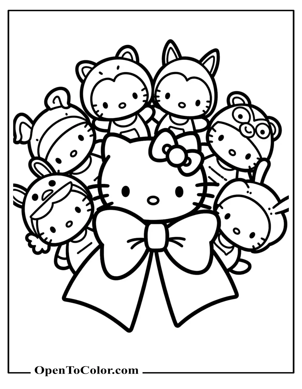 Circle of eight Hello Kitty figures, each in different costume (penguin cap, monkey hat, deer antlers, panda cap, frog hat, bunny hood, bat hoodie, puppy ears) surrounding a giant bow, coloring page, printable.