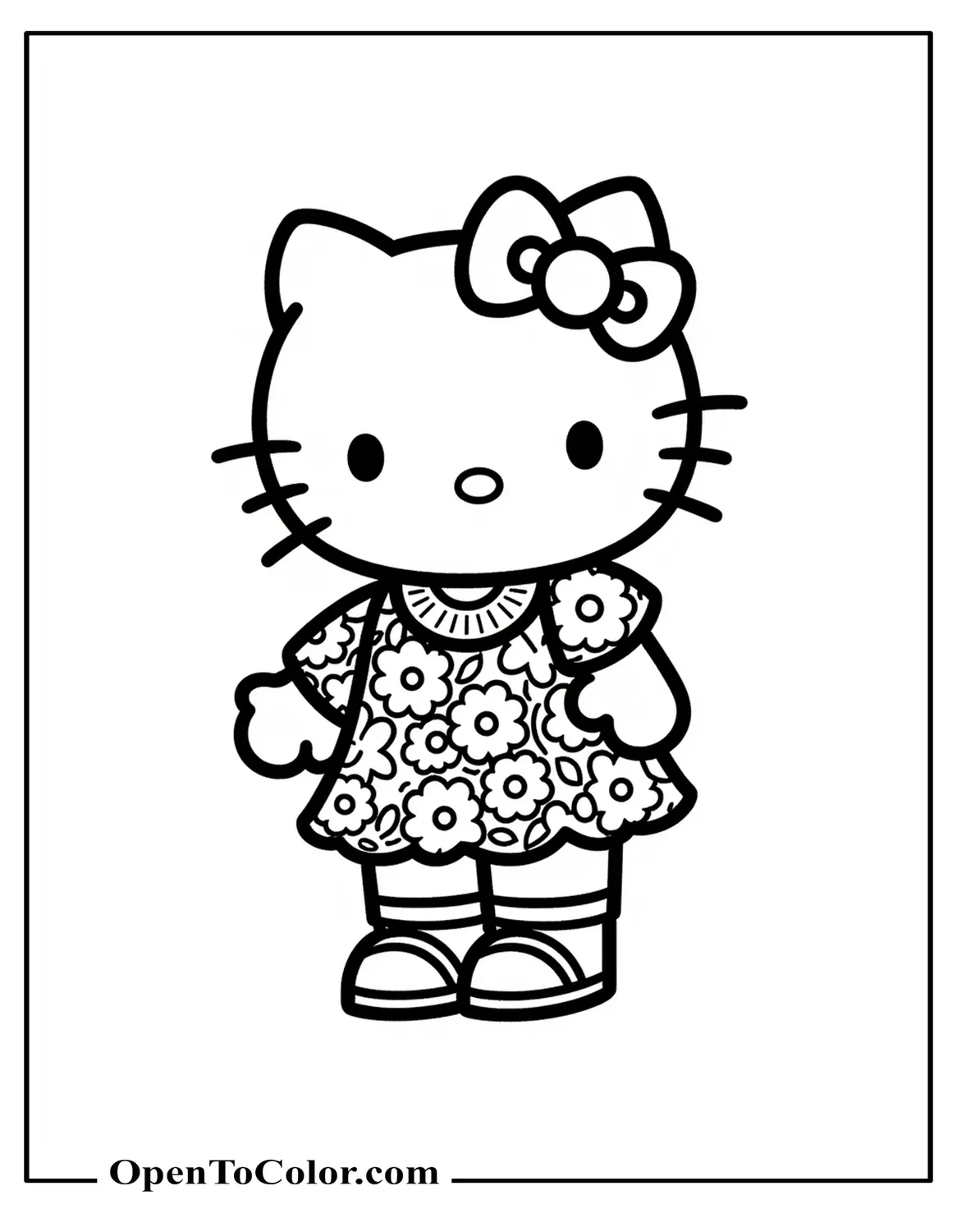 Hello Kitty with Floral Adult Patterns on Clothes Coloring Sheet PDF