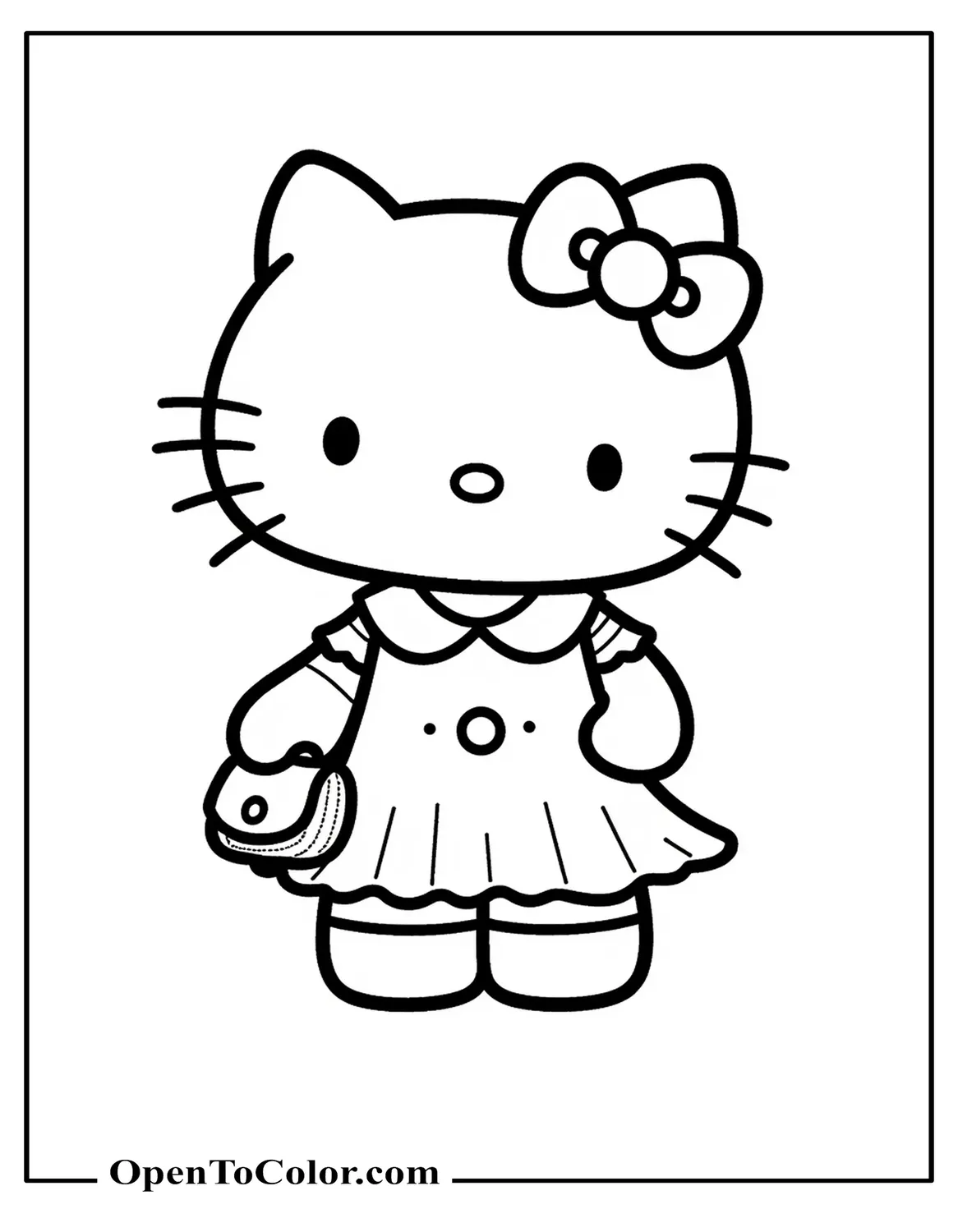 Hello Kitty Coloring Page PDF Standing with Bow and Small Handbag