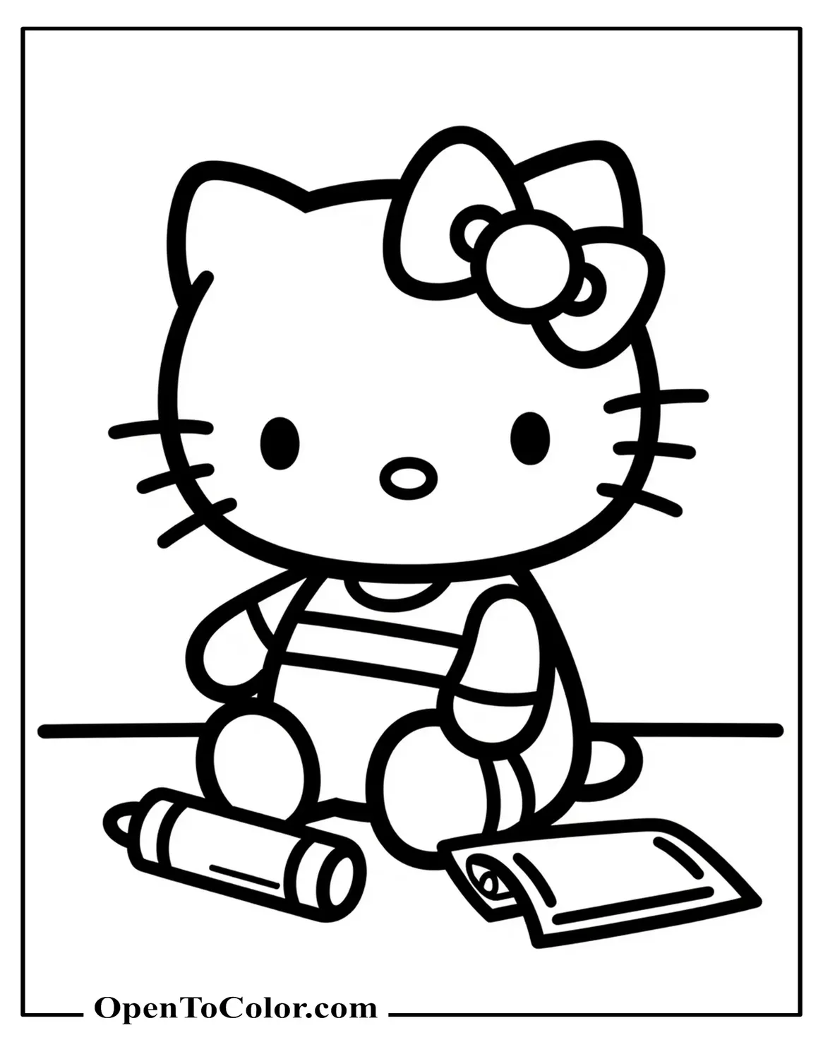Hello Kitty sitting on a table with a box of crayons and coloring sheet PDF.
