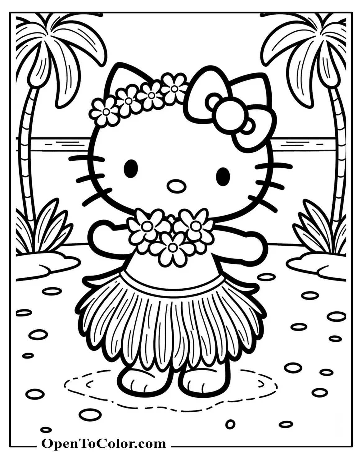 Free Hello Kitty Dancing Hula in Grass Skirt and Flower Lei Coloring Sheet, Tropical Beach Backdrop