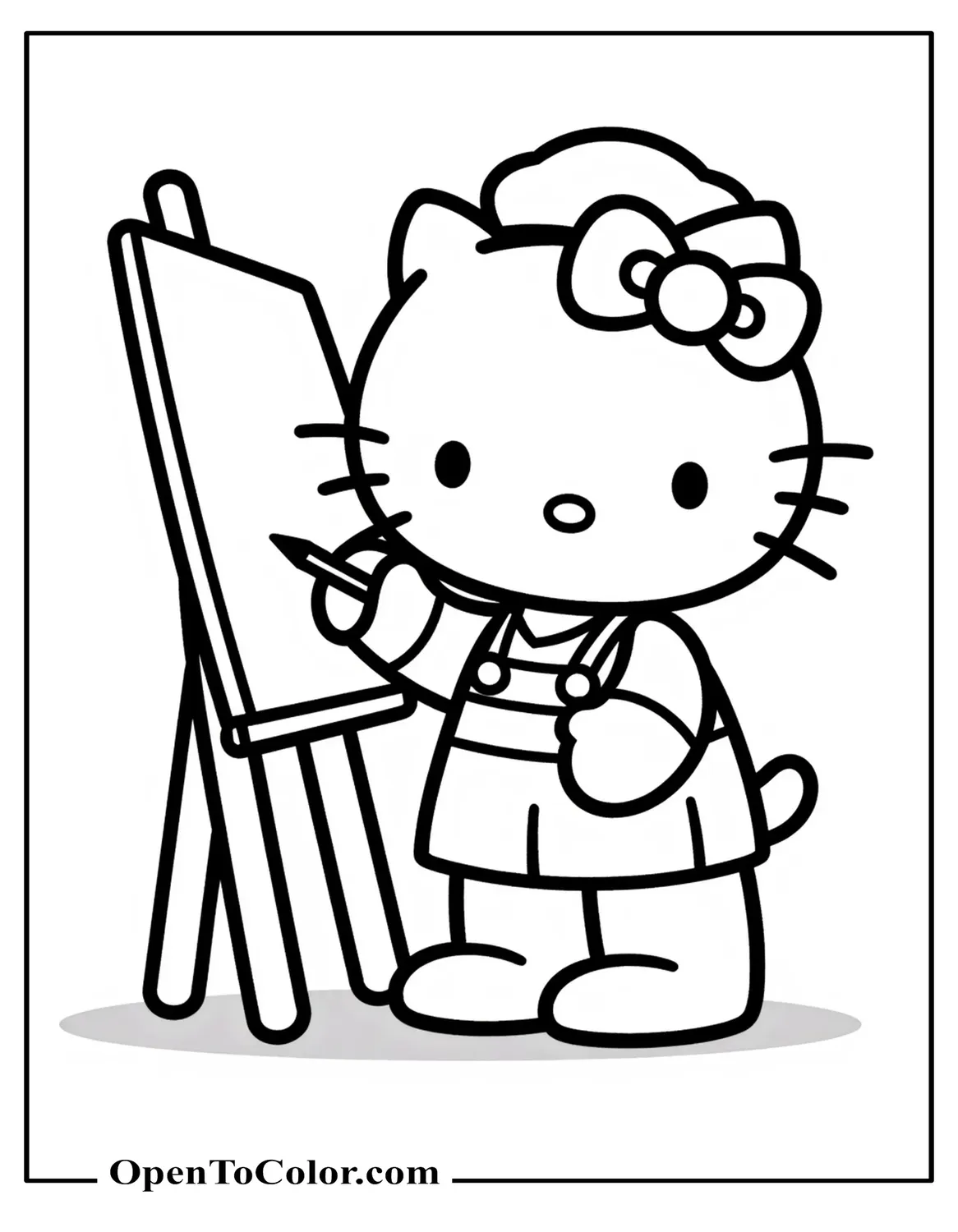 Hello Kitty coloring sheet with drawing on easel wearing painter beret, printable minimal studio backdrop