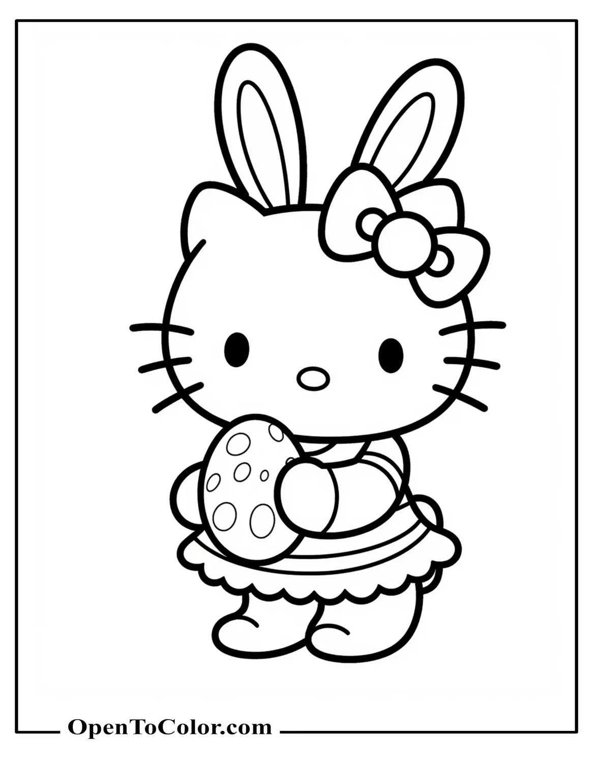 Hello Kitty with bunny ears, holding a painted egg coloring page PDF