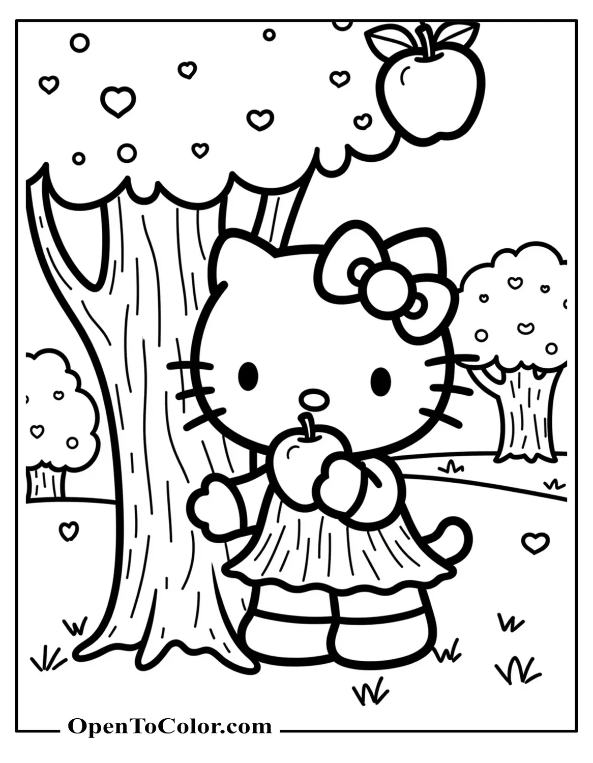 Free Hello Kitty coloring page under apple tree taking bite of red apple, orchard background